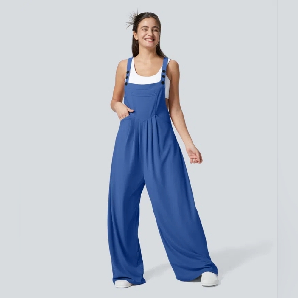 HALARA Blue Wide Leg Waffle Casual Overalls